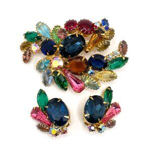 Vintage Unsigned Tutti Frutti Fruit Salad Rhinestone Brooch Clip Earrings Set